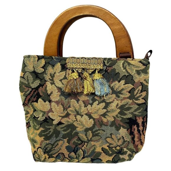 Vintage Tapestry Handbag Retro Floral Wood Handles Old World Victorian Look - Picture 1 of 7